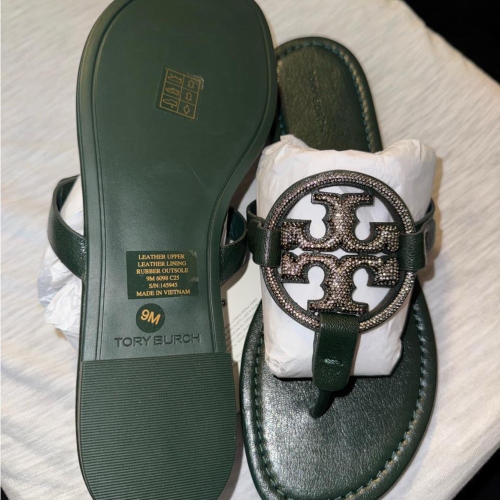 Tory Burch Green Sandals with Silver Accents